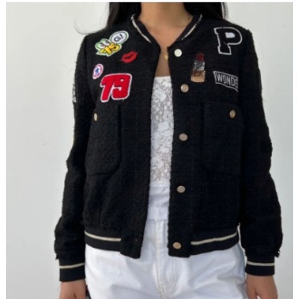 Zara Black Tweed Bomber Jacket Embroidered Patches Varsity Womens Size Medium